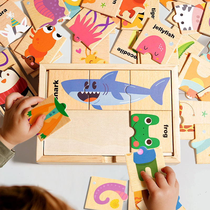 Minileaves Toys Wooden Animal Puzzle Box – 16 Animal Puzzles (48 Pieces) with Storage