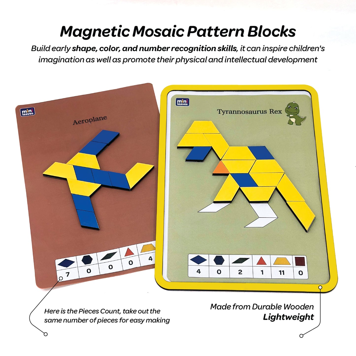 Mini Leaves™ Magnetic Mosaic Pattern Blocks Set – 68 Pcs with 20 Activity Cards