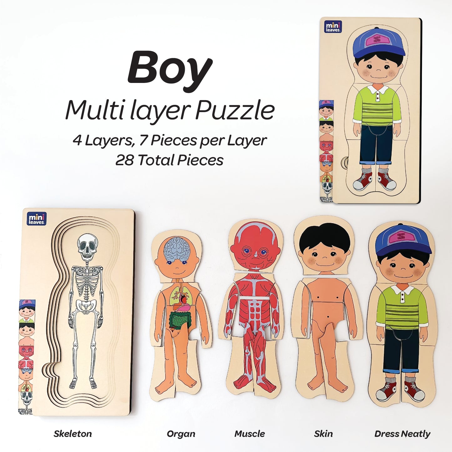 Mini Leaves™ Wooden Human Anatomy 3D Shapes Matching Puzzle – Multilayers Educational Toy for 3+ Years Kids