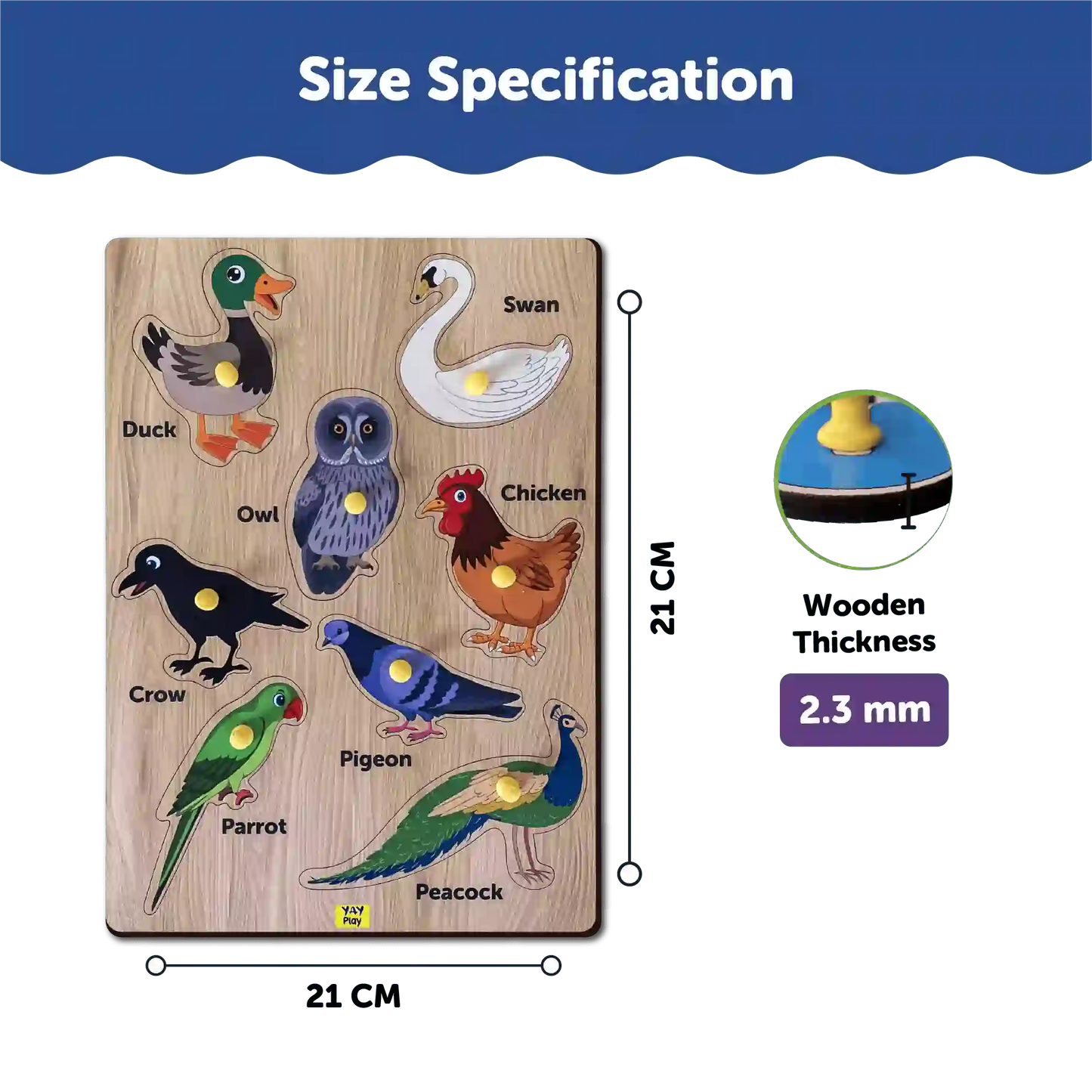 Birds Wooden Knob Puzzle Board 3+ Years