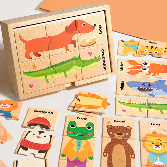 Minileaves Toys Wooden Animal Puzzle Box – 16 Animal Puzzles (48 Pieces) with Storage