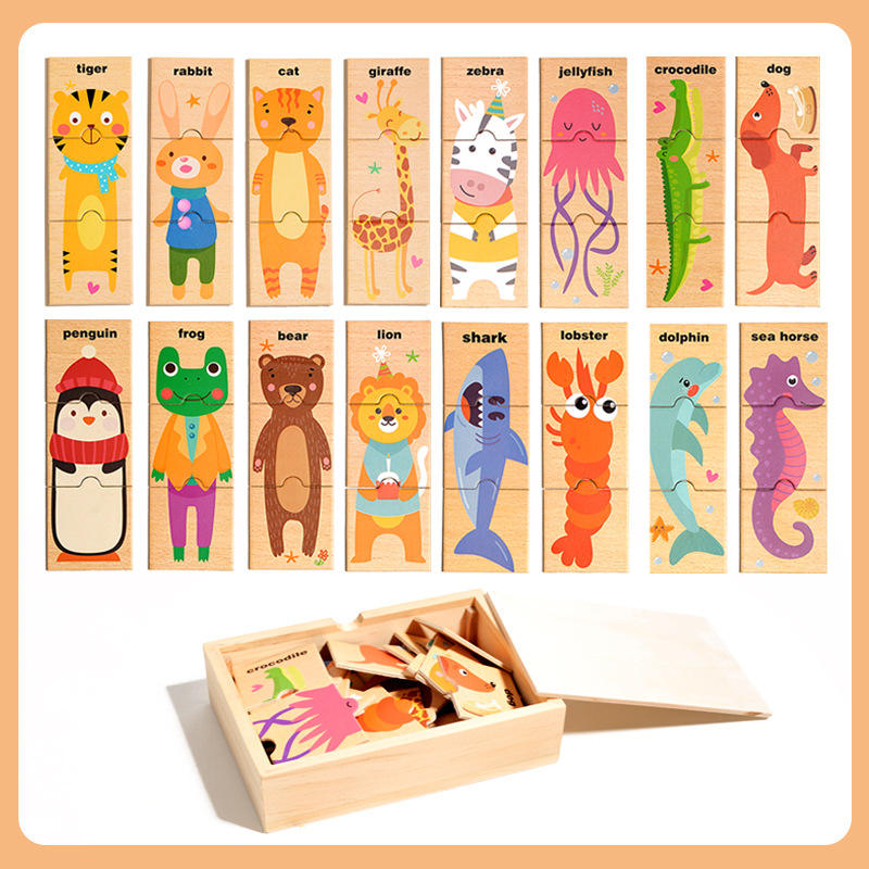 Minileaves Toys Wooden Animal Puzzle Box – 16 Animal Puzzles (48 Pieces) with Storage