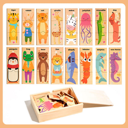 Minileaves Toys Wooden Animal Puzzle Box – 16 Animal Puzzles (48 Pieces) with Storage