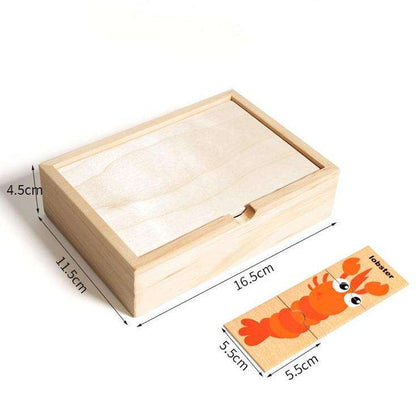 Minileaves Toys Wooden Animal Puzzle Box – 16 Animal Puzzles (48 Pieces) with Storage