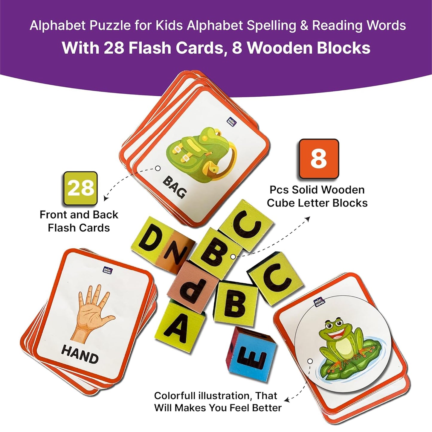 Wooden Cube Blocks Learning Game with Flash Cards 3+ Years