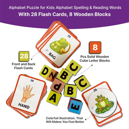 Wooden Cube Blocks Learning Game with Flash Cards 3+ Years