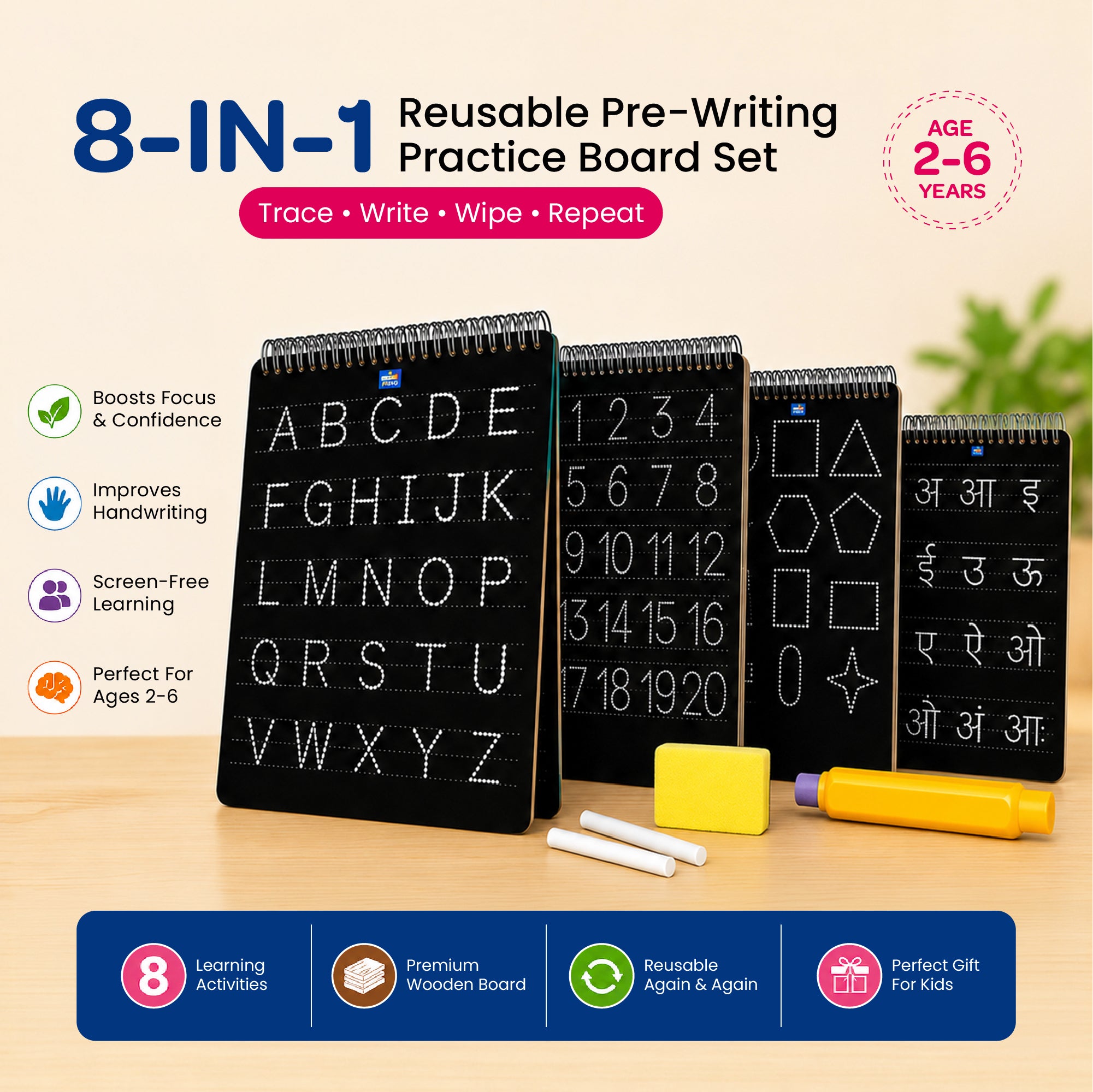 English Alphabets Montessori Pre-Writing Tracing Board – Set of 4 (8 Sides)