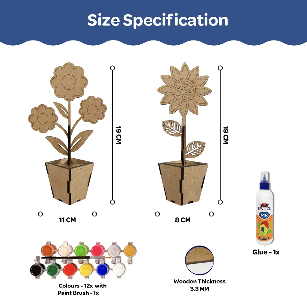 Creative Me” 3D Wooden Flower Pots DIY Art & Craft Paint Kit Set of 2