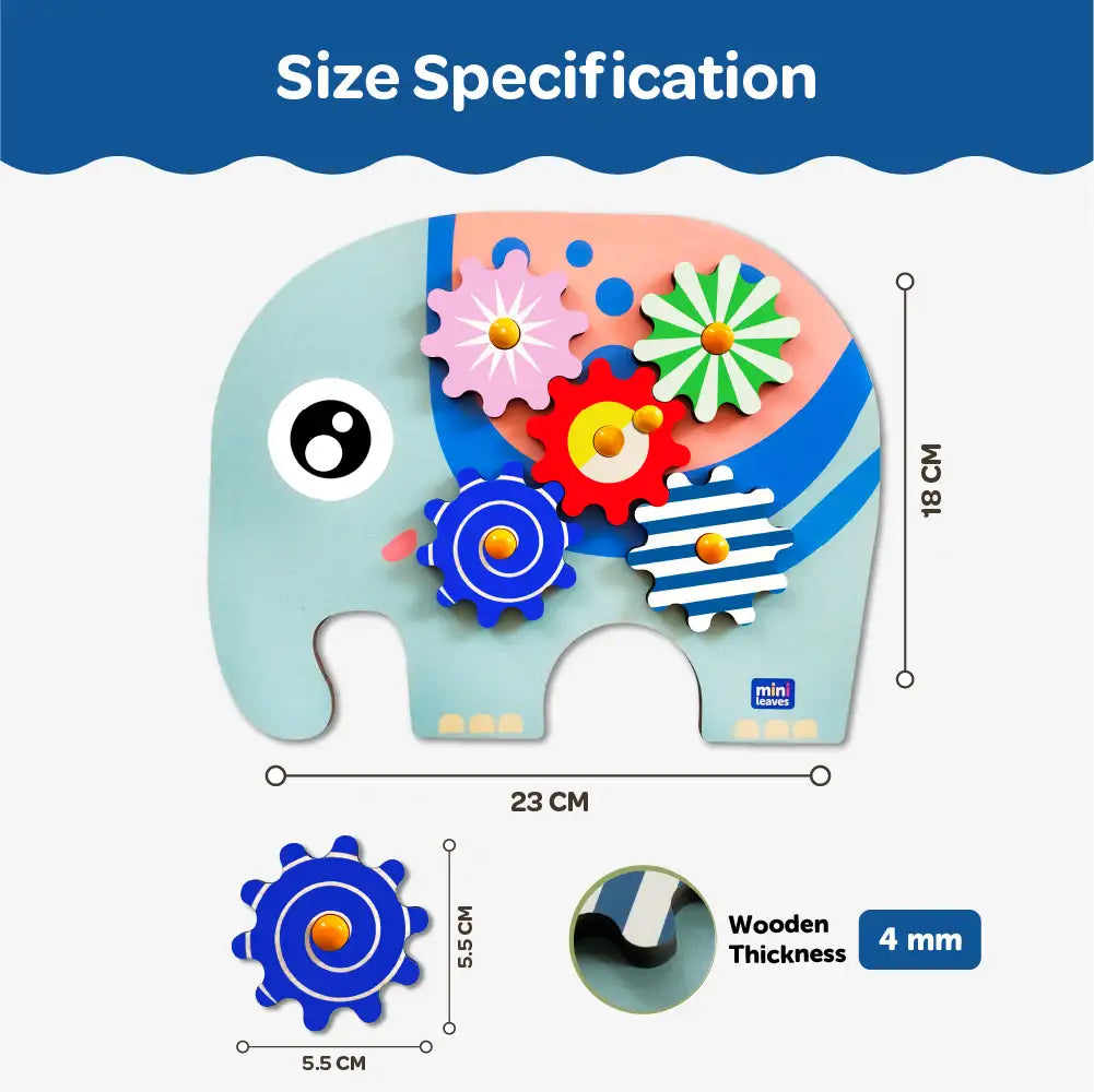 Elephant Wooden Gear Toys with 5 Interchangeable Gears for 2+ Years