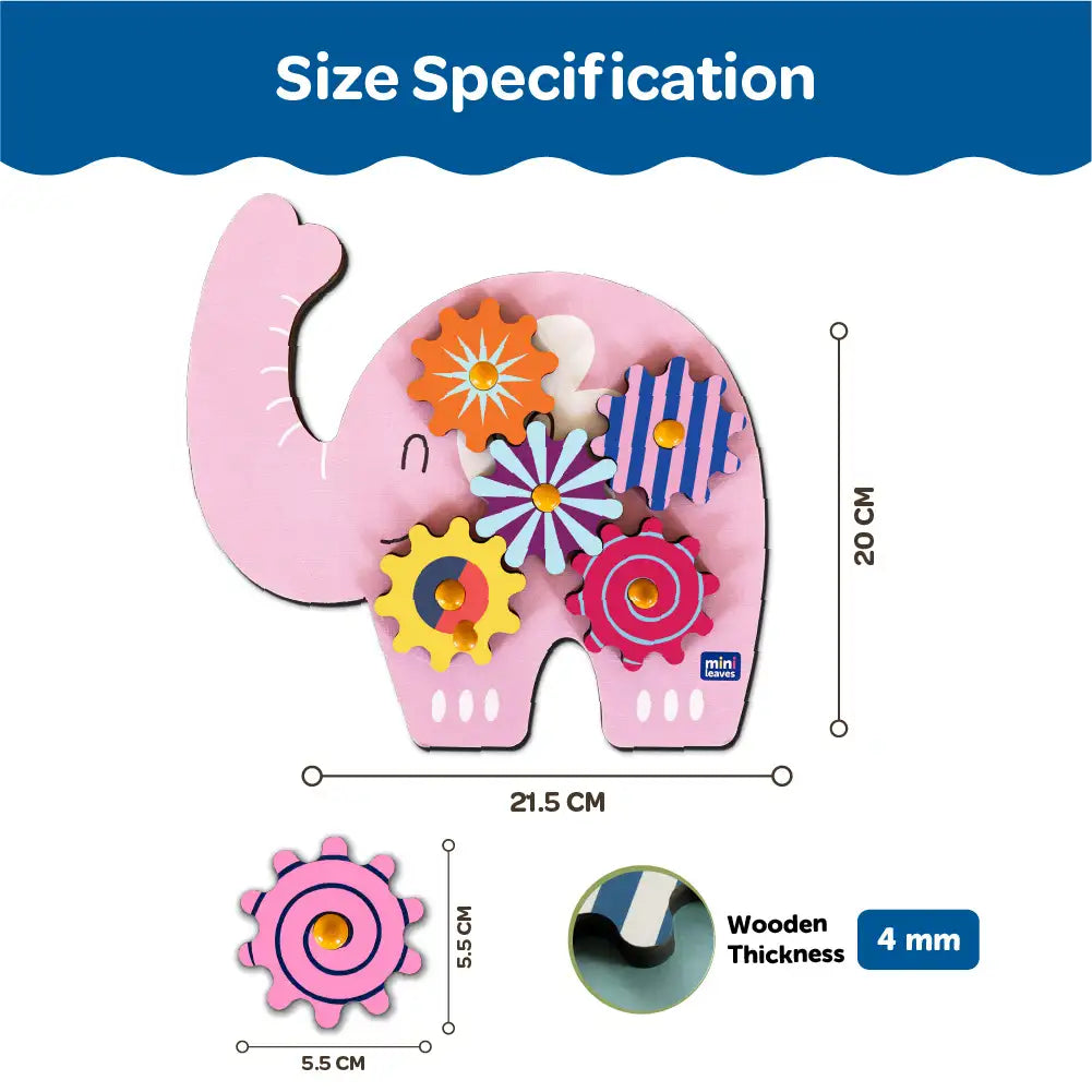 Baby Elephant Wooden Gear Toys with 5 Interchangeable Gears for 2+ Years