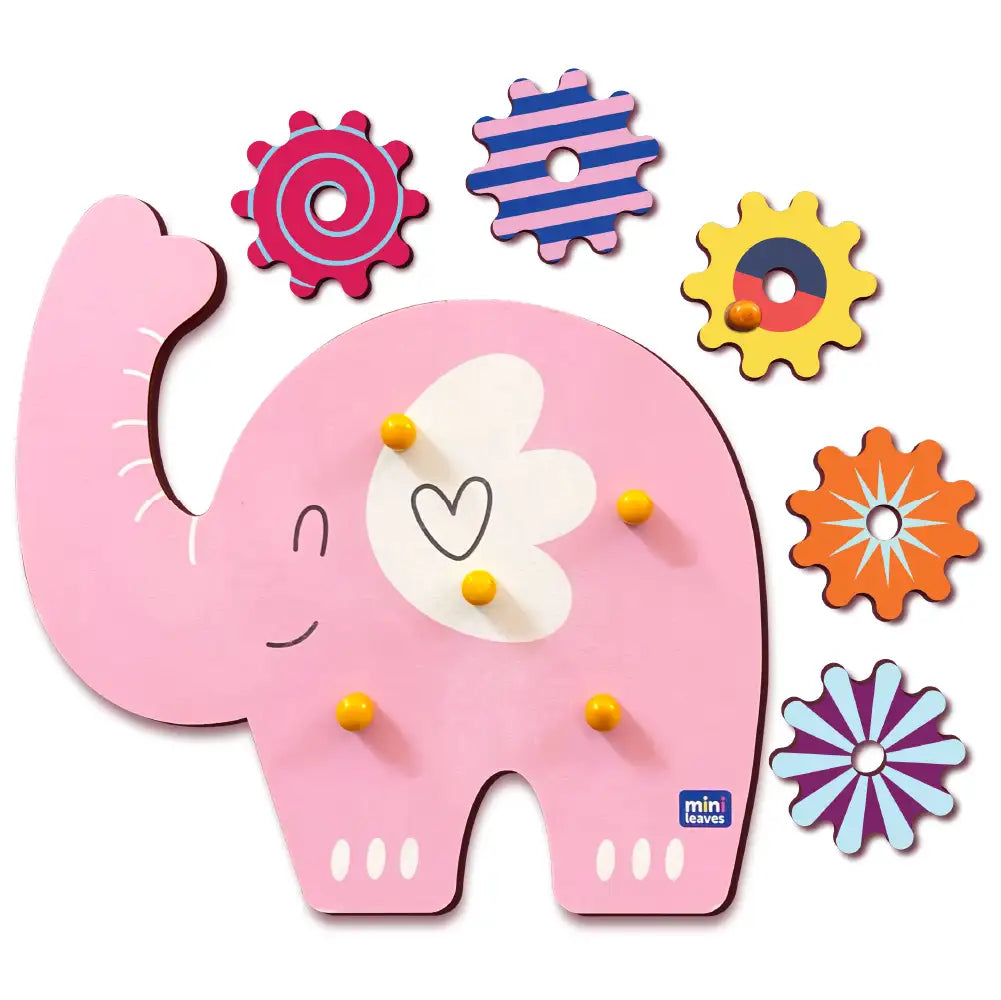 Baby Elephant Wooden Gear Toys with 5 Interchangeable Gears for 2+ Years