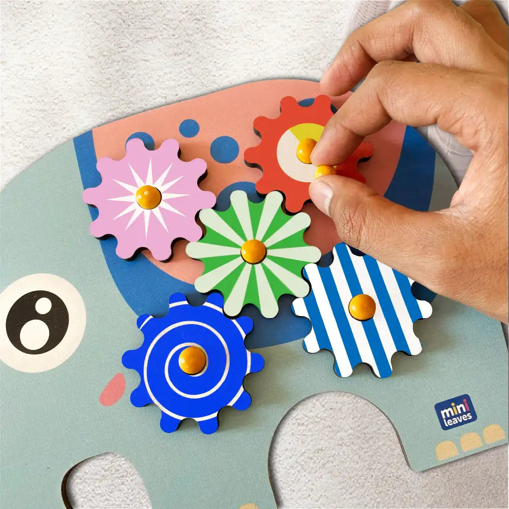 Elephant Wooden Gear Toys with 5 Interchangeable Gears for 2+ Years