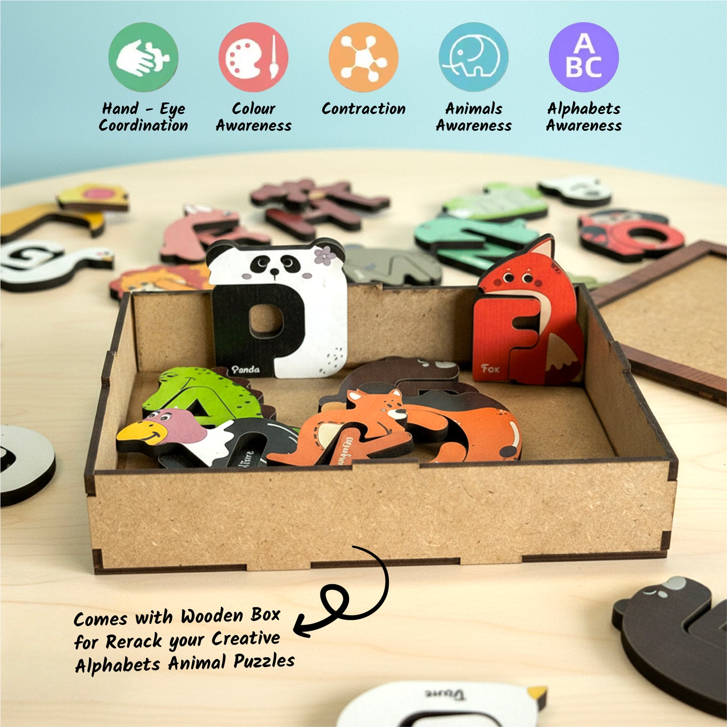 Mini Leaves A to Z Wooden Animal Alphabet Puzzles Set - 52 Pieces