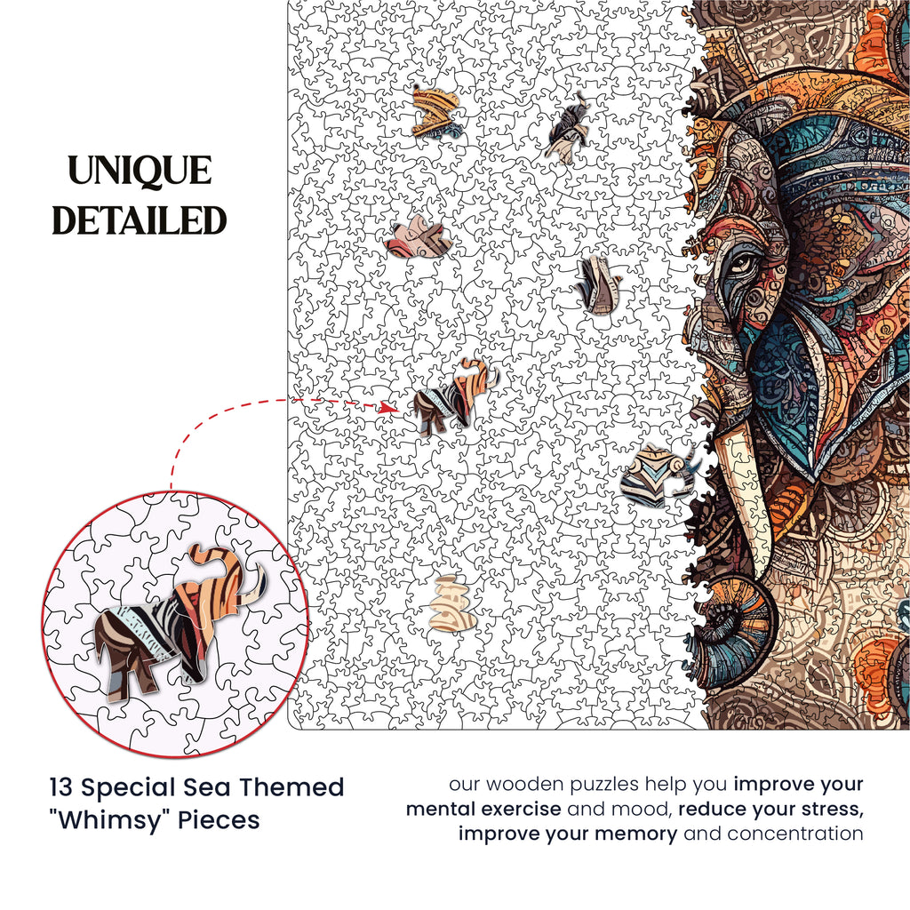 Majestic Elephant | Unique Shape Wooden Puzzle | Mini Leaves