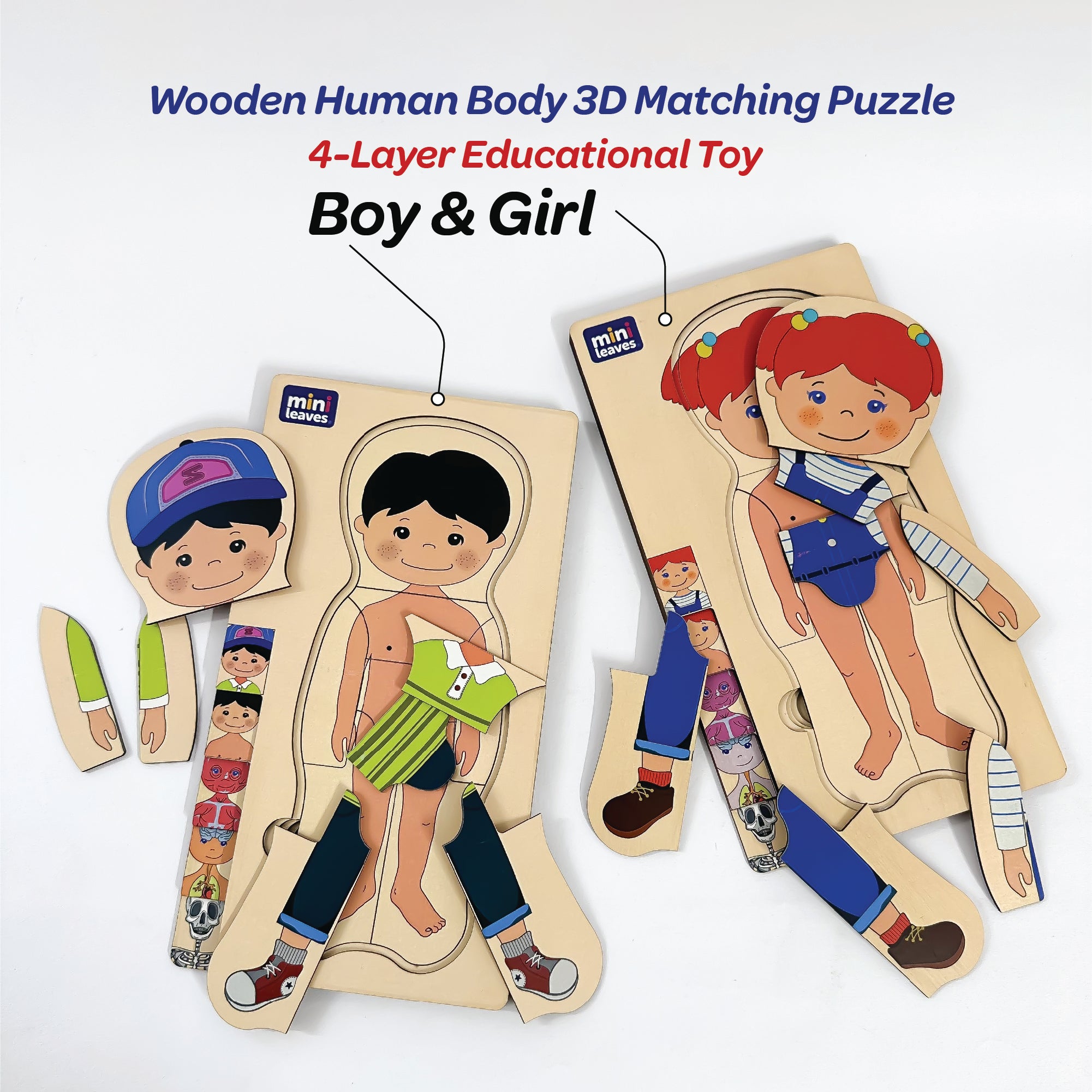 Mini Leaves™ Wooden Human Anatomy 3D Shapes Matching Puzzle – Multilayers Educational Toy for 3+ Years Kids
