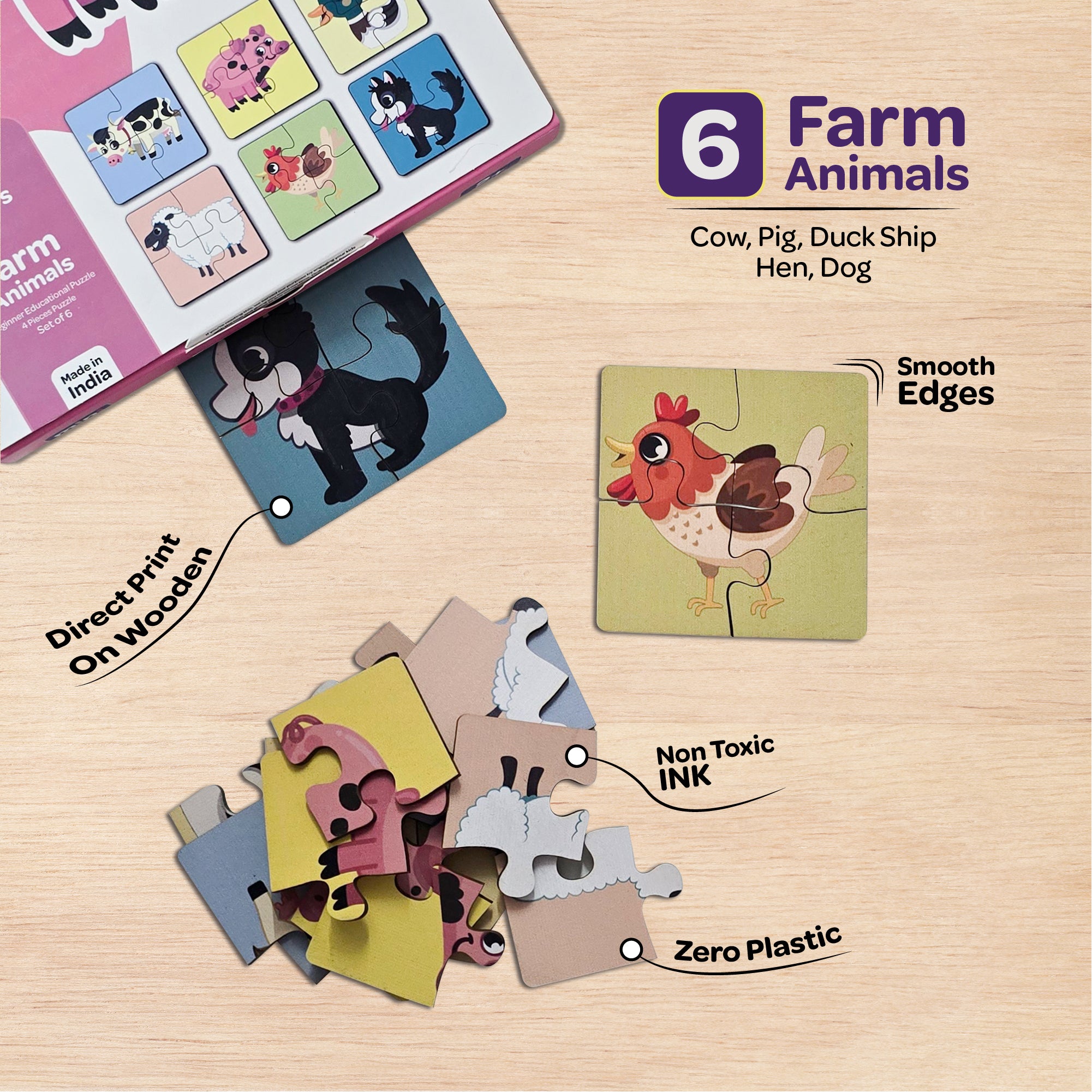 Farm Animals 4 Piece Wooden Puzzle 2+ Years