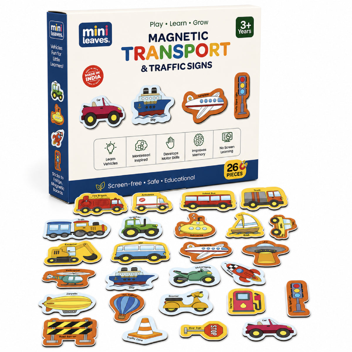 26 Pieces Transport Full Magnetic Fridge Magnets for Kids 2+ Years