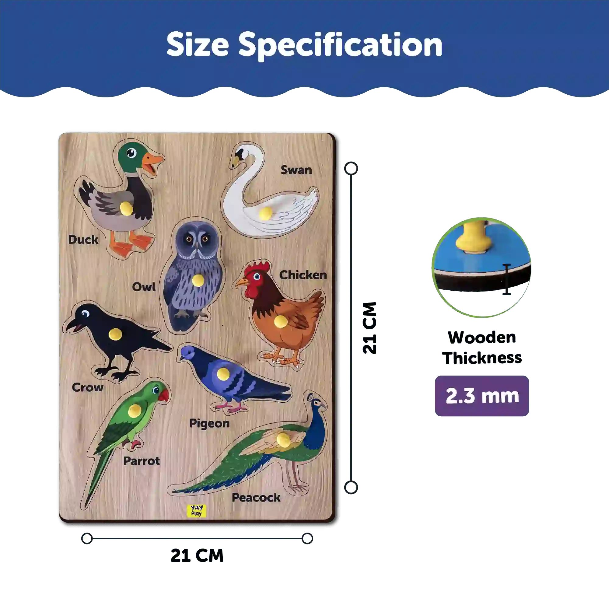 Birds Wooden Knob Puzzle Board 3+ Years