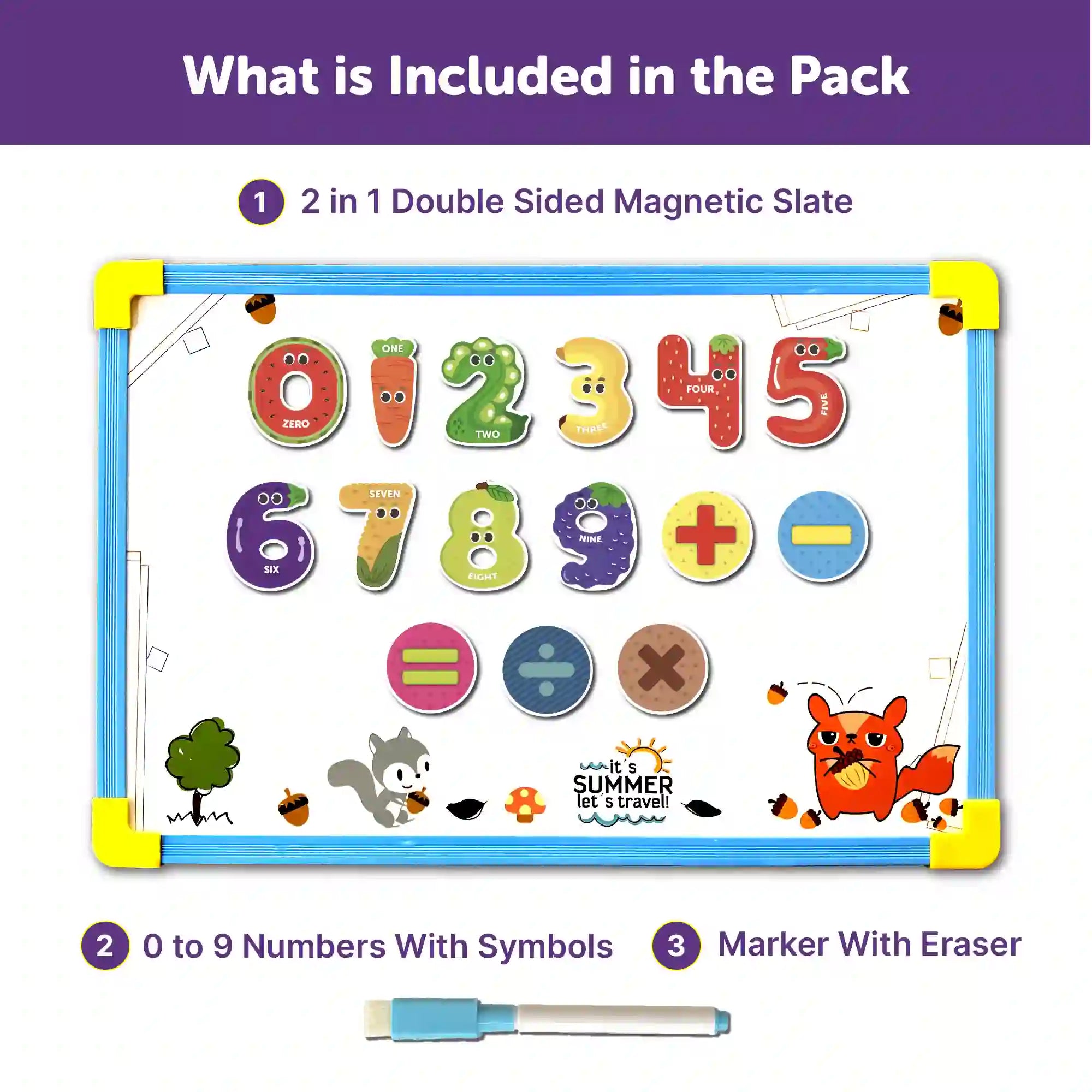 White Board 2 in 1 with 0 to 9 Magnetic Numbers - Mini Leaves